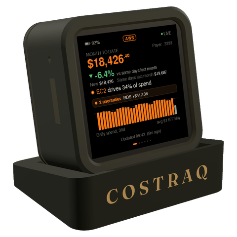 Costraq desk in the Graphite finish: a matte graphite housing tilted back on a black stand with COSTRAQ lettered in champagne across the front